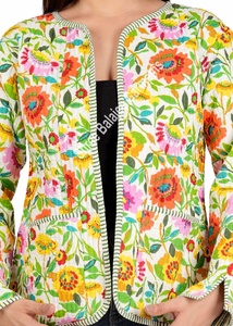 Veste polaire à fleurs matelassée pour femmes main bloc imprimé coton réversible bouton poche manteau d'hiver automne imprimé court Floral - Product Image 4