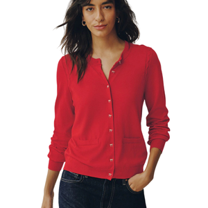 Cárdigan de punto de algodón suave con botones de lazo rojo y cuello redondo para mujer, suéter de manga larga con bolsillos, ropa al por mayor, top. - Product Image 1