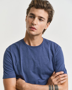 T-shirt en coton bleu pour homme, manches courtes, col rond, coupe classique, jersey décontracté, couleur unie, respirant, tricoté, tendance - Product Image 2