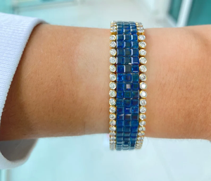 Luxury Women's Alloy 24K Gold Plated Diamond <b>Cuff</b> <b>Bracelet</b> with Blue Sapphire Inlay and Cushion Cut Diamonds for Party Wear Gift - Product Image 3