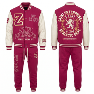 ZAINI Unisex Varsity Tracksuit 320 GSM Cotton Polyester Fleece Lime Green Contrast Sleeve Custom Chenille <b>Embroidery</b> Print - Product Image 1