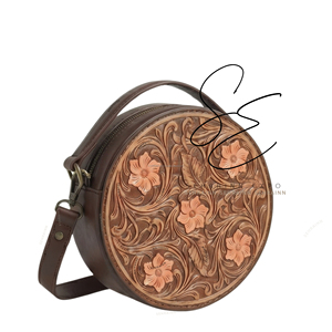Sac bandoulière rond en cuir véritable marron pour femme, motif fleurs de pêcher, en cuir repoussé, style cowgirl et gypsy - Product Image 2