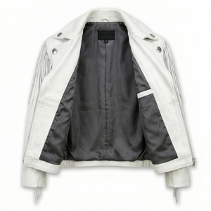 Premium White Cow Skin Leather Men's Windproof Fringe Vintage <b>Western</b> Cowboy Biker Style <b>Jacket</b> OEM Customization Available - Product Image 2