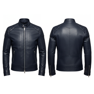 Blouson Bomber en Cuir Beige pour Homme, Col Montant, Fermeture Éclair, Épaules Matelassées, Style Sportif Moto Biker - Product Image 6