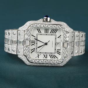 Reloj de Diamantes Baguette con Incrustaciones de Diamantes, Reloj Mecánico Automático Cuadrado Plateado con Esfera Blanca con Números Romanos, Reloj Hip Hop Completo - Product Image 1
