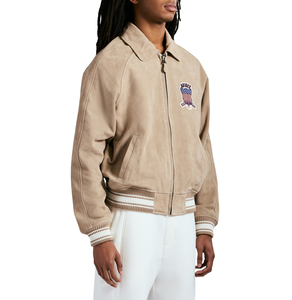 Men's <b>Suede</b> Bomber <b>Jacket</b> With Embroidered Patch Design Turn-down Collar Zipper Closure Casual Autumn Wear - Product Image 3