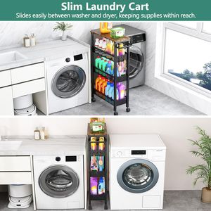 Carrito de Almacenamiento Rodante Delgado de 4 Niveles con Superficie de Madera y Construcción Metálica para Cocina, Baño o Lavandería - Product Image 2