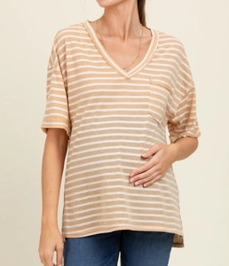 New Design V Neck Stripes Fashion Oversized Drop Shoulder Maternity T-Shirt Breathable 100% Cotton Made Pregnancy Tees Wears - Product Image 1