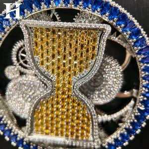 Custom Hip Hop Jewellery Iced Out Spinning Watch Gear Pendant <b>Blue</b> Halo Yellow Center Round Medallion Charm <b>Necklace</b> for Men - Product Image 4
