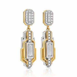 Boucles d'oreilles pendantes géométriques en or massif 18 carats avec diamants taille baguette sertis en canal, bijoux de luxe pour femme pour mariage - Product Image 4