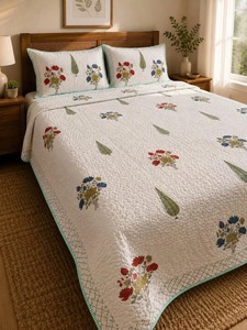 Juego de Edredón de Algodón con Estampado Floral Tradicional Hecho a Mano, Cubrecama Acolchado con Fundas de Almohada, Edredón Ligero Tamaño King - Product Image 6