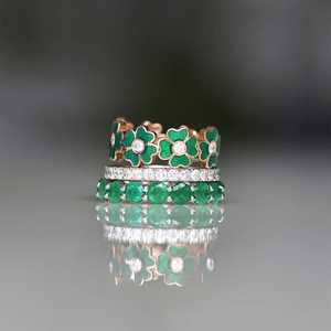 Anillo de Trébol con Diamantes Personalizado, Esmalte Verde Esmeralda, Anillos Apilables, Joyería Fina Brillante para Cóctel, Oro Sólido de 10K, 14K, 18K - Product Image 5