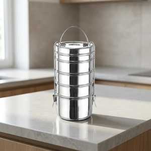 Boîte à lunch ronde en acier inoxydable à 4 étages, conteneur de stockage alimentaire portable avec poignée pour le bureau et l'école - Product Image 2