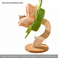 Lit pour chat en bois en forme de fleur avec griffoir et espace de repos, design compact pour petites maisons et grands chats