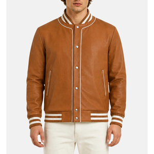 Veste varsity en cuir marron pour homme, col montant, fermeture à boutons, coupe classique, style décontracté d'automne - Product Image 1