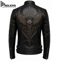 Blouson de motard vintage en cuir noir OEM pour homme, veste tactique style heavy metal rocker avec motif ailes de crâne bronze et matelassé
