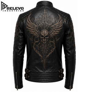 Chaqueta de Cuero Negra Vintage OEM para Hombre, Estilo Motero, Chaqueta Táctica de Metal Pesado con Gráfico de Calaveras y Alas de Bronce y Acolchado - Product Image 1