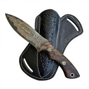 Cuchillo de caza hecho a mano DIY OEM de acero de Damasco con punta de gota, mango de madera y funda de cuero para camping multifuncional al aire libre - Product Image 1
