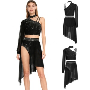 Completo da ballo latino lirico da donna: top corto, slip, pantaloncini e gonna in chiffon - Costume moderno per performance di danza, ballo da sala e <span class=keywords><strong>jazz</strong></span> - Product Image 2