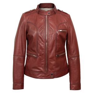 Chaqueta de cuero para mujer con cremallera, estilo casual, corte ajustado, cuello vuelto, estilo motero, para uso urbano - Product Image 2