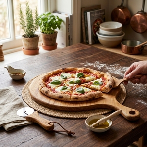 Planche à pizza ronde en bois de teck naturel, planche à découper, plateau de service pour charcuterie, avec poignée en cuir et trou de suspension - Product Image 4