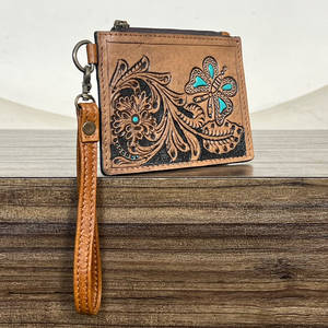 Handmade Tooled Genuine Leather Mini Wristlet Clutch Stylish Floral & Turquoise Butterfly Design Coin & <b>Card</b> <b>Holder</b> Women <b>Wallet</b> - Product Image 3