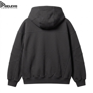 Sweat à capuche unisexe à coupe décontractée avec empiècements, fermeture éclair intégrale, manches longues, en molleton épais noir anthracite avec tirette de fermeture éclair bidirectionnelle - Product Image 2