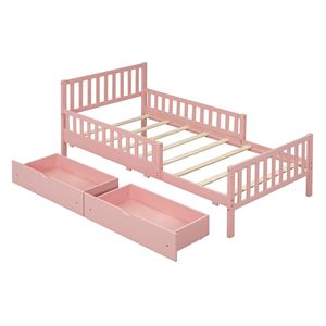 Letto a piattaforma in legno rosa per bambini, misura twin, con sponde su entrambi i lati e due cassetti contenitori - Product Image 3