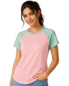 Camiseta raglán personalizada rosa y verde menta para mujer, estilo casual, cuello redondo, manga corta, mezcla de algodón, estilo béisbol, moda de verano - Product Image 1
