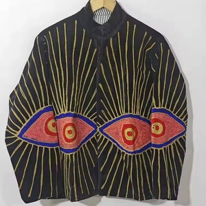 Black <b>Stand</b> Collar Kimono Jacket With Hand Embroidered Eye Pattern Full Sleeve <b>Drop</b> Shoulder Autumn Wear - Product Image 3