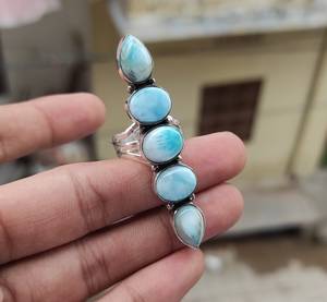 แหวนลาริมาร์ห้าเม็ด แหวนเงินแท้ แหวนพลอยสีน้ำเงิน เครื่องประดับทำมือ แหวนซ้อนกันได้ ผู้จำหน่ายขายส่ง - Product Image 1