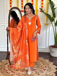 Latest Women's Orange Viscose Chanderi Embroidery <b>Kurti</b> with Chanderi Pant Chanderi Silk With Printed Dupatta Sets - Product Image 4