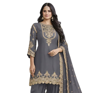 ชุดส่าหรีผู้หญิงความยาวระดับเข่า ผ้าจอร์เจตต์ปักลายฟ็อกซ์ งานปักแบบอินเดีย ชุดปากีสถาน สำหรับงานเทศกาล ชุดดีไซน์เนอร์แบบดั้งเดิม - Product Image 1