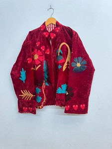 Premium Maroon Velvet Winter <b>Jacket</b> for Women Elegant Heavy Embroidery Velvet Cardigan Coat Quilted Velvet Overcoat - Product Image 3
