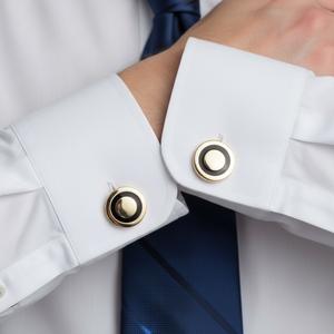 Boutons de manchette ronds dorés élégants |   Ensemble de pinces |   Accessoire Premium pour Hommes |   Barrette à cravate formelle pour affaires |   Fête de mariage |   Style cadeau - Product Image 4