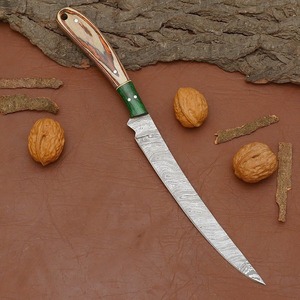 Cuchillo de Filetear de Acero de Damasco Forjado a Mano Personalizado |   Cuchillo de Caza con Mango de Madera Personalizado con Pernos de Latón y Funda de Cuero - Product Image 5