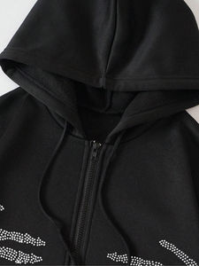 Sweat à capuche homme en molleton bouclette coupe oversize et carrée sans cordon de serrage, avec strass, respirant, écologique, délavé à l'acide, zippé, pour l'automne - Product Image 2