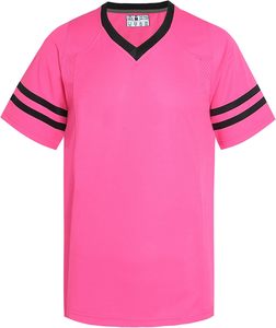 Maillot de sport rose à col en V et manches courtes pour homme avec rayures noires, en polyester à séchage rapide, chemise décontractée pour l'été - Product Image 3