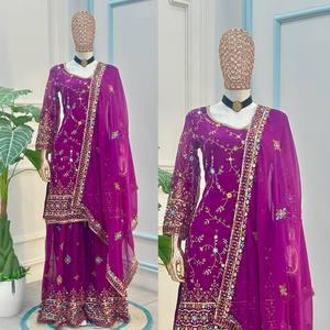 Elegante conjunto de kurti y sharara de georgette sintético con bordado zari y lentejuelas, traje étnico festivo para mujer. - Product Image 4