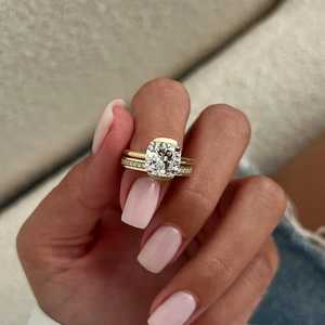 <b>UNIQUE</b> 3 Carat Cushion Lab Grown Diamond Half Bezel Flush Fit Bridal Set, Yellow Gold Dainty <b>Engagement</b> <b>Ring</b> Set, IGI Certified - Product Image 5