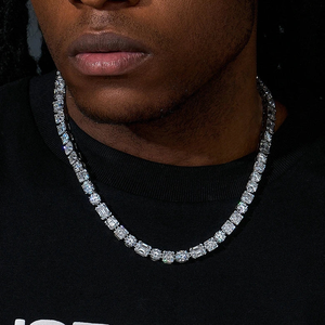 Men's Rhodium Plated 925 Silver Emerald Cut Moissanite <b>Tennis</b> <b>Necklace</b> Box Chain Luxury Everyday Wear - Product Image 3