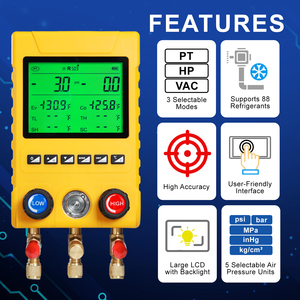 เกจวัดแรงดันน้ำยาทำความเย็นแบบดิจิตอล เครื่องมือวินิจฉัยระบบ HVAC แบบสุญญากาศ เครื่องทดสอบการรั่วไหลของระบบปรับอากาศรถยนต์ รองรับน้ำยาทำความเย็นได้ 88 ชนิด - Product Image 2