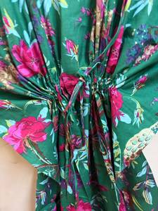 Women Floral Bird Print Cotton <b>Kaftan</b> Dress | Boho <b>Beach</b> Cover-Up Resort Wear V-neck Batwing Sleeves Maxi Eco-Friendly Handmade - Product Image 4
