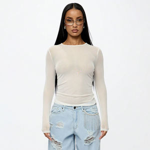 เสื้อยืดแขนยาวผ้าตาข่ายถักคุณภาพสูงสำหรับผู้หญิง ผลิตจากผ้าฝ้าย 100% ขายส่ง รับสั่งพิมพ์ลายเสื้อยืดแขนยาวผ้าตาข่ายสำหรับผู้หญิง - Product Image 1