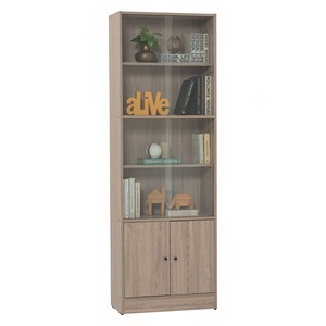 Wood Grain Bookcase Storage Cabinet Floor <b>Standing</b> Display Bookshelf with Glass <b>Doors</b> and Closed Cupboards - Product Image 4