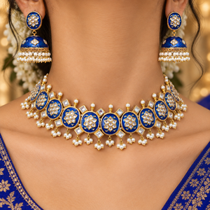 Ensemble collier et boucles d'oreilles Jhumka Meenakari bleu roi, vente en gros, fabricant de bijoux artificiels, niveau usine - Product Image 1