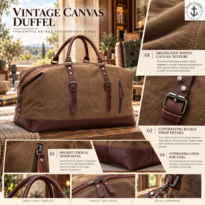 Heritage Canvas <b>Leather</b> Duffel Travel <b>Bag</b> with Buckle Straps | Vintage Weekender <b>Holdall</b> with Top Zipper and Front Zipper Pocket - Product Image 5