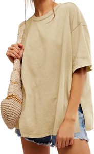 เสื้อยืดคอกลมแขนสั้นทรงโอเวอร์ไซส์สำหรับผู้หญิง สีพื้น ผ้าฝ้าย 100% ทรงหลวม สวมใส่สบาย เหมาะสำหรับฤดูใบไม้ผลิและฤดูร้อน เสื้อถักเนื้อเจอร์ซีย์ - Product Image 6