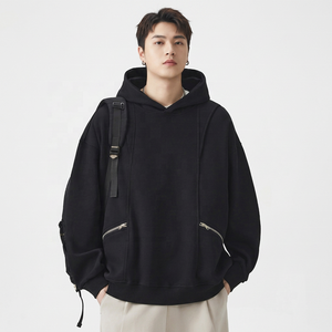 Sudadera con Capucha Negra Extra Grande Unisex para Invierno, con Bolsillos con Cremallera, Estilo Casual, de Poliéster/Algodón - Product Image 3