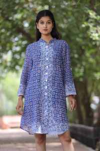 Robe courte imprimée à la main indienne pour femmes Robe d'été décontractée en coton Robe longue courte de style boho Tissu naturel à la taille - Product Image 2